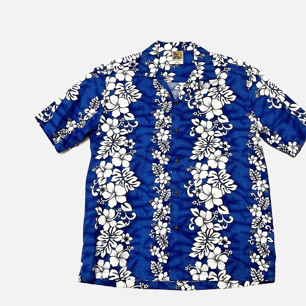 Winnie Fashion Men’s Blue W/White Floral Hawaiian Shirt Size XL